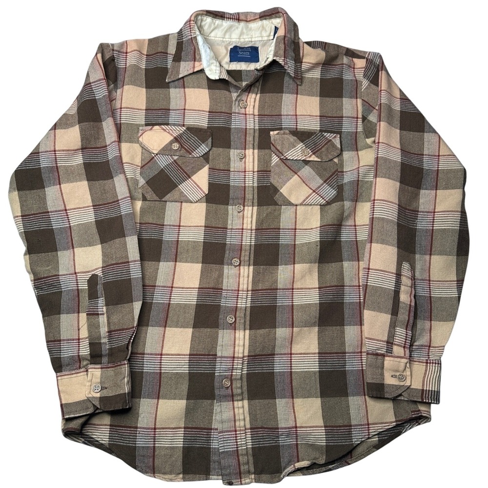 Vintage 80s Sears Mens Plaid Flannel Shirt Brown Tan Button‎ Up Medium 15-15.5